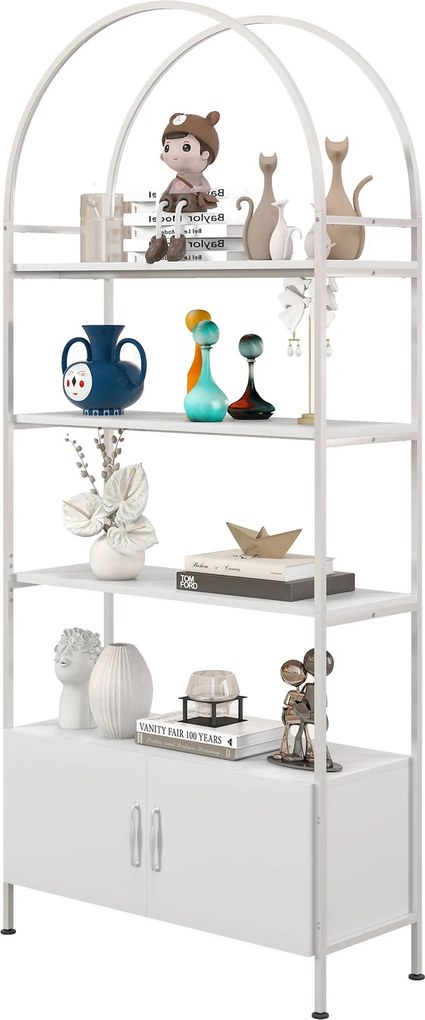 HOMCOM 4 szintes íves tárolópolc dupla ajtós szekrénnyel, állítható lábakkal, acél vázzal — 80 x 30 x 187 cm, fehér | Aosom