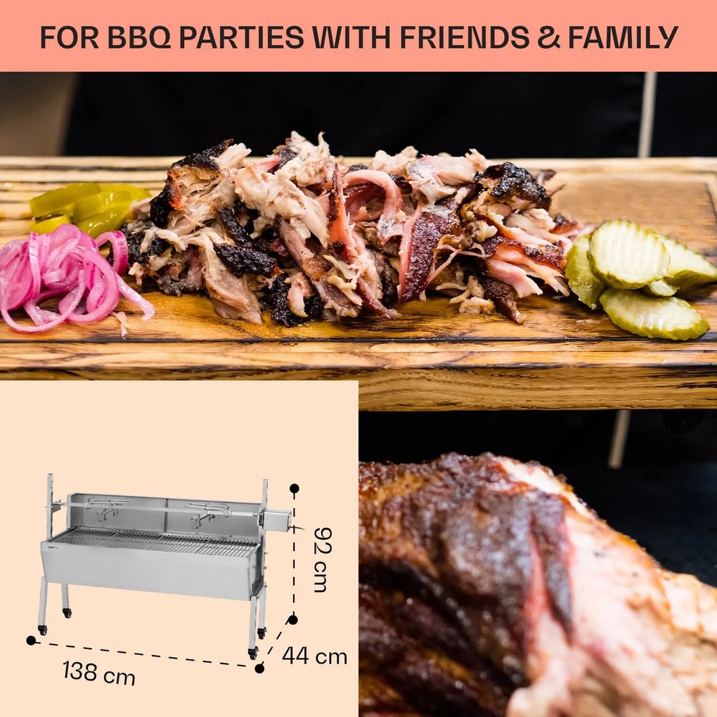 Sauenland Pro, malacsütő grill, forgó nyárs, 13 W, 4 kerék, rozsdamentes acél