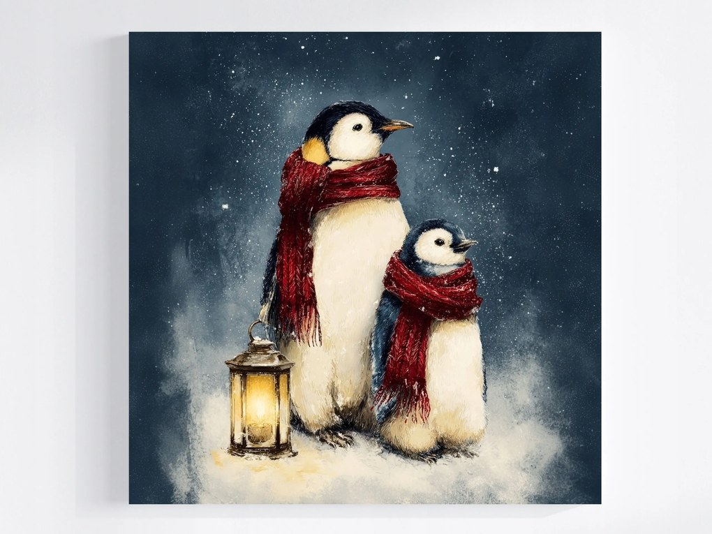 Vászonkép Canvas Akvarell Tél Hó Madarak Pingvinek Világítótorony 40x40