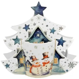 Karácsonyi hóemberes porcelán bögre fenyőfa díszcsomagolásban Snowman
