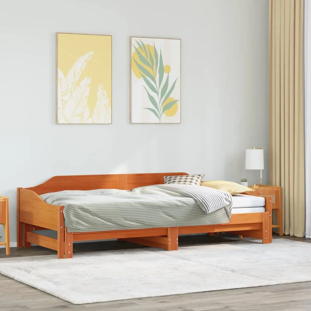 viaszbarna tömör fenyőfa kihúzható kanapéágy 90 x 200 cm