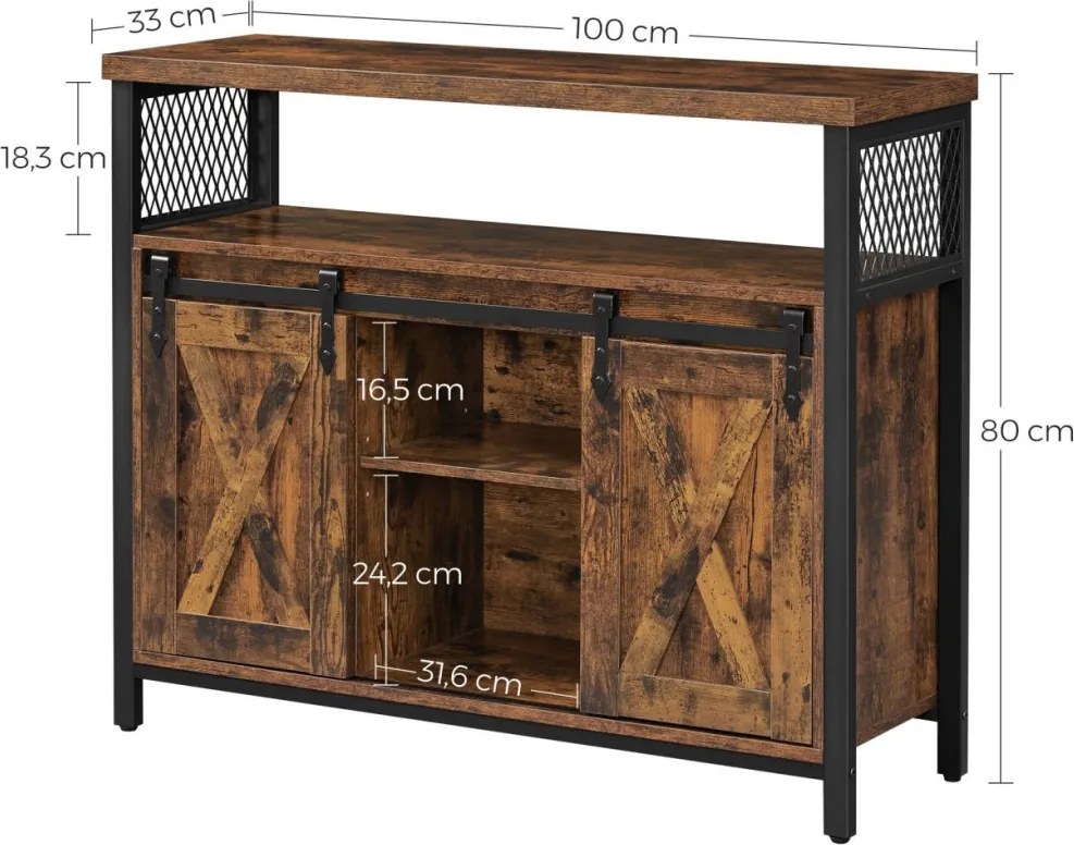 Komód elhúzható ajtókkal és nyitott polcokkal, rusztikus barna 100x33x80cm