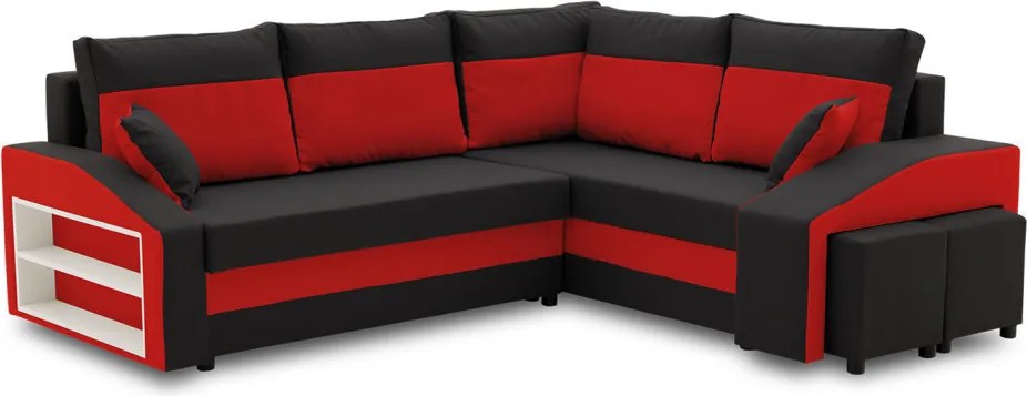 Grande sarokkanapé polcokkal és puffokkal , polc a bal karfaban puffok a jobb karfaban, jobboldali, szövet anyag, bonell töltet, fekete - piros