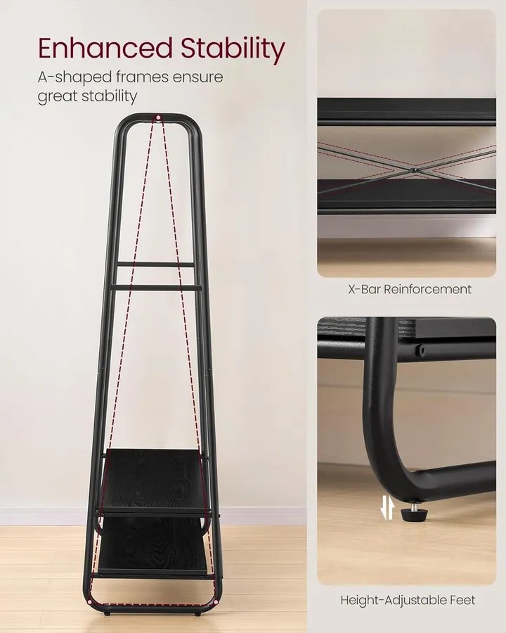 Ruhatartó állvány, ruhafogas 2 polccal és 6 darab S alakú akasztóval, fekete színben