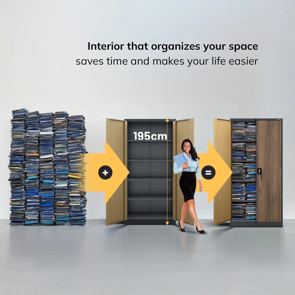 Fém iratszekrény JAN H, 900 x 1950 x 400 mm, Eco Design: antracit/ dió