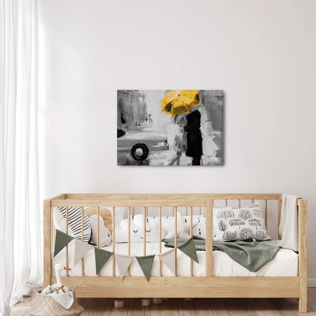 Kép - Szerelmespár egy esernyő alatt, sárga (70x50 cm)