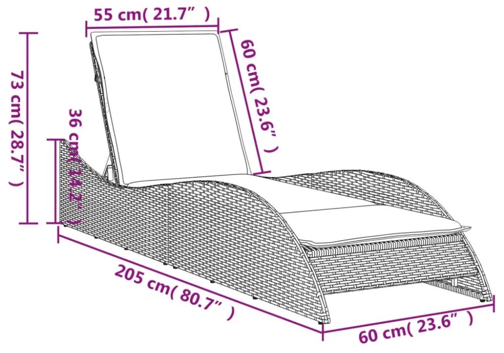 bézs polyrattan napozóágy párnával 60x205x73 cm