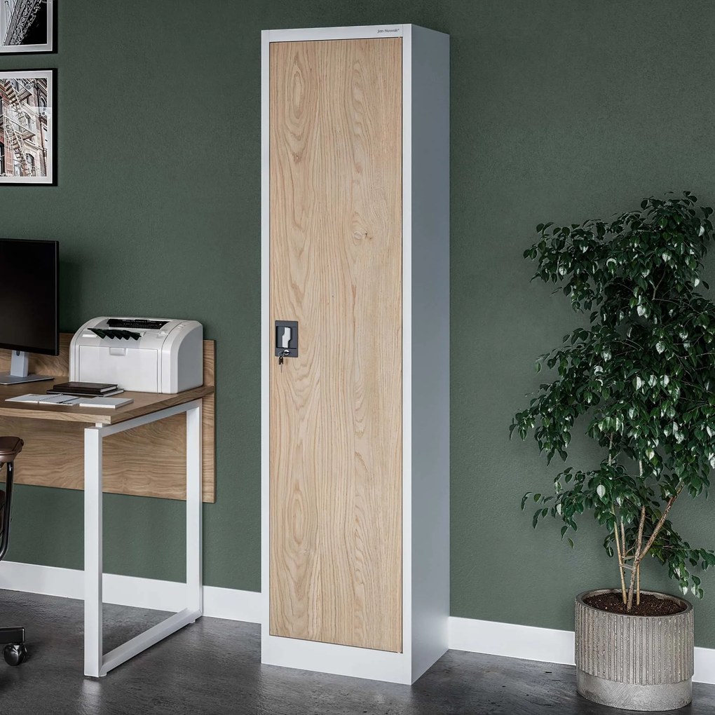 Fém irodai iratszekrény, fehér/sonoma tölgy, 450x1850x400 mm: ALEX Eco Design