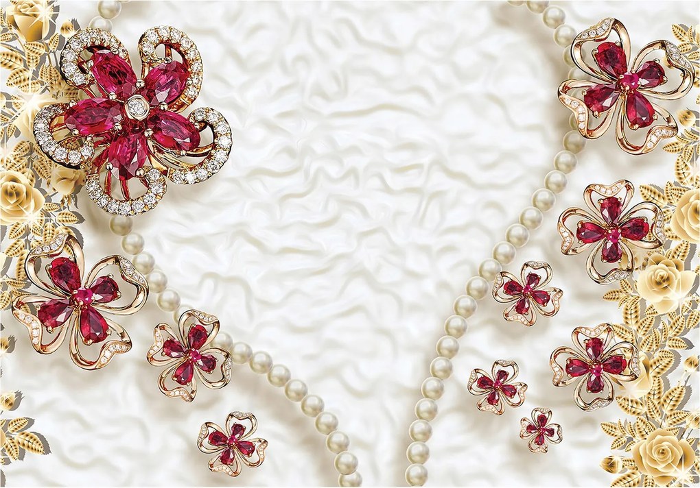 Fotótapéta flizelina Rubin virágok arany és gyöngyök Elegancia 200x140 +ragasztó