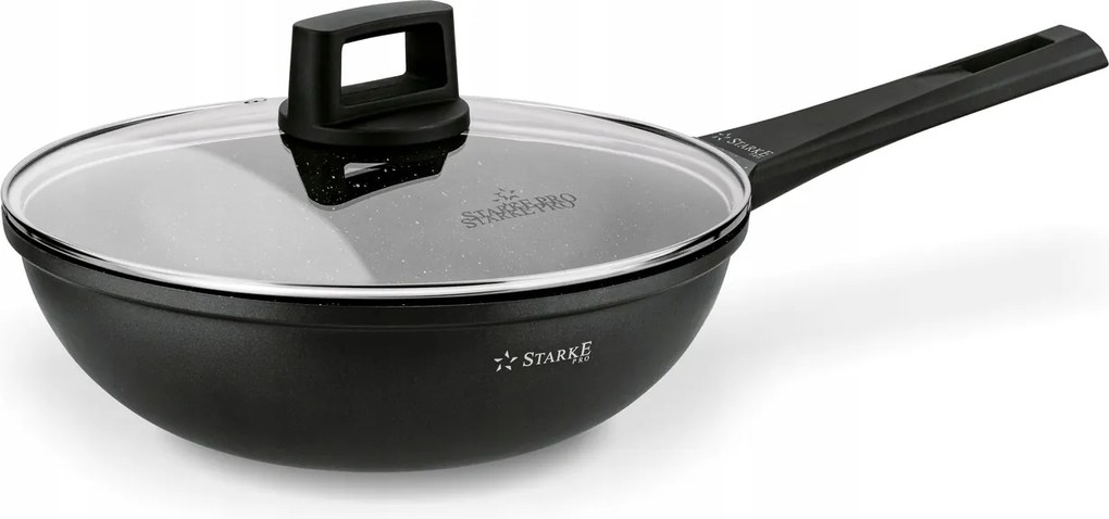 Hagyományos Wok Serpenyő Extra Mély Üvegfedővel 28CM Indukciós És Gáz Tűzhelyhez