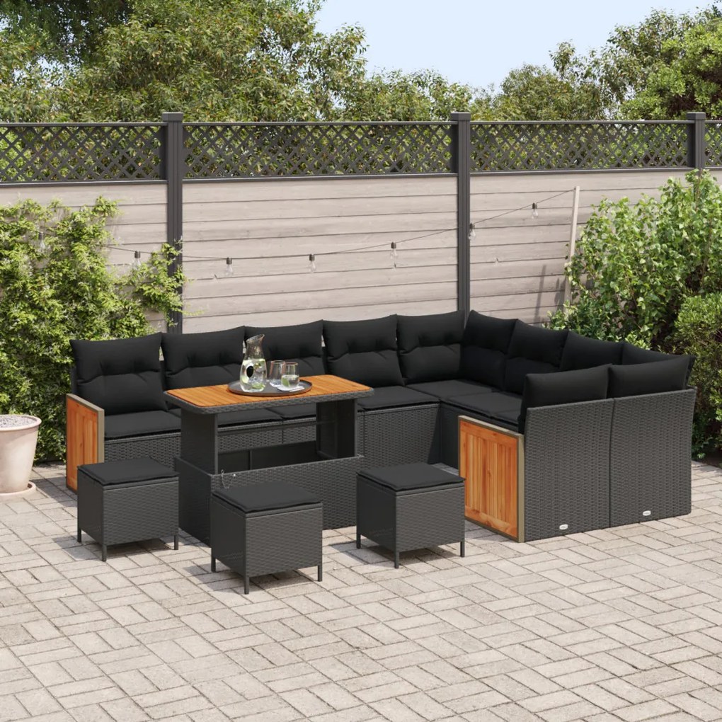 13 darabos kert sofa szett párnákkal fekete poli rattan akáciával, 4 darabos kert étkező szett párnákkal fekete poli rattan akáciával