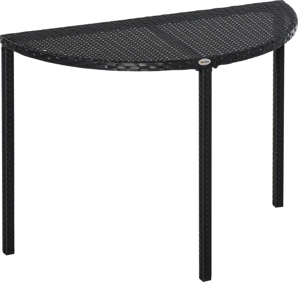 Outsunny Erkélyasztal Kerti Síkasztal Kültéri Bútor Félkör alakú Polirattan Fém Fekete 100 x 50 x 74 cm | Aosom
