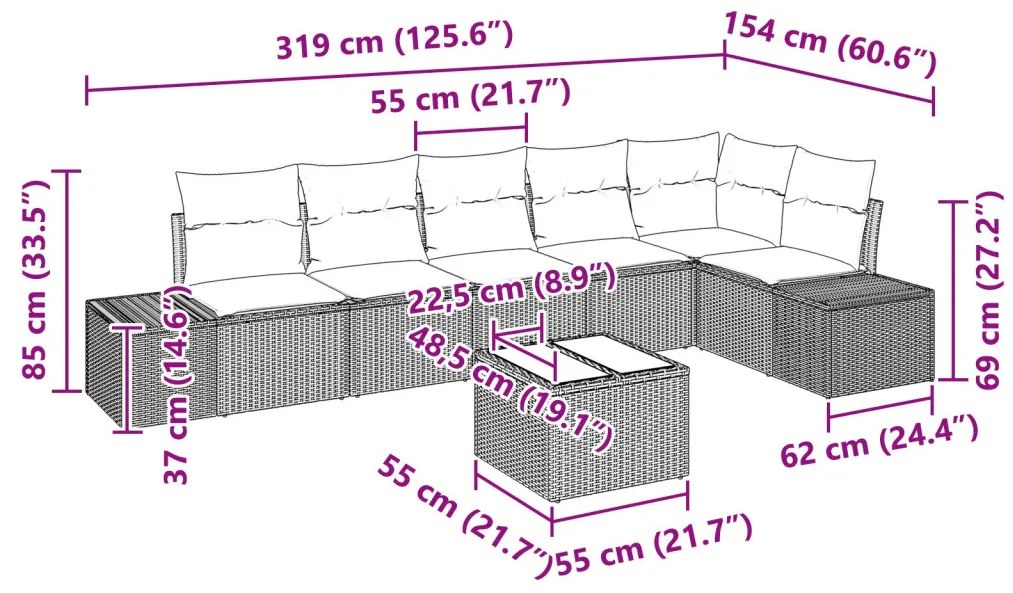 Kerti Kanapé Szett párnával 7 pcs bézs és krémszínű Poli rattan