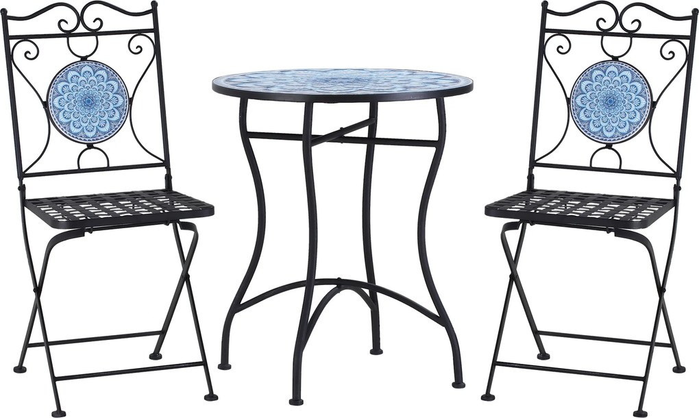 Outsunny 3 részes Kerti Szett Mozaikkal, Kerek Kültéri Asztal 2 Összecsukható Fém Székkel, Kék | Aosom
