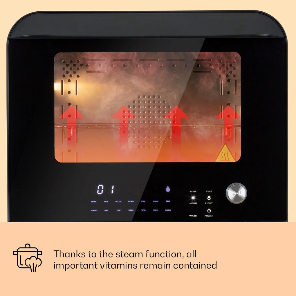 Klarstein Vita Pro, forrólevegős fritőz gőzfőzéssel, 2450 W, 18 l, 14 program, 800 ml víztartály