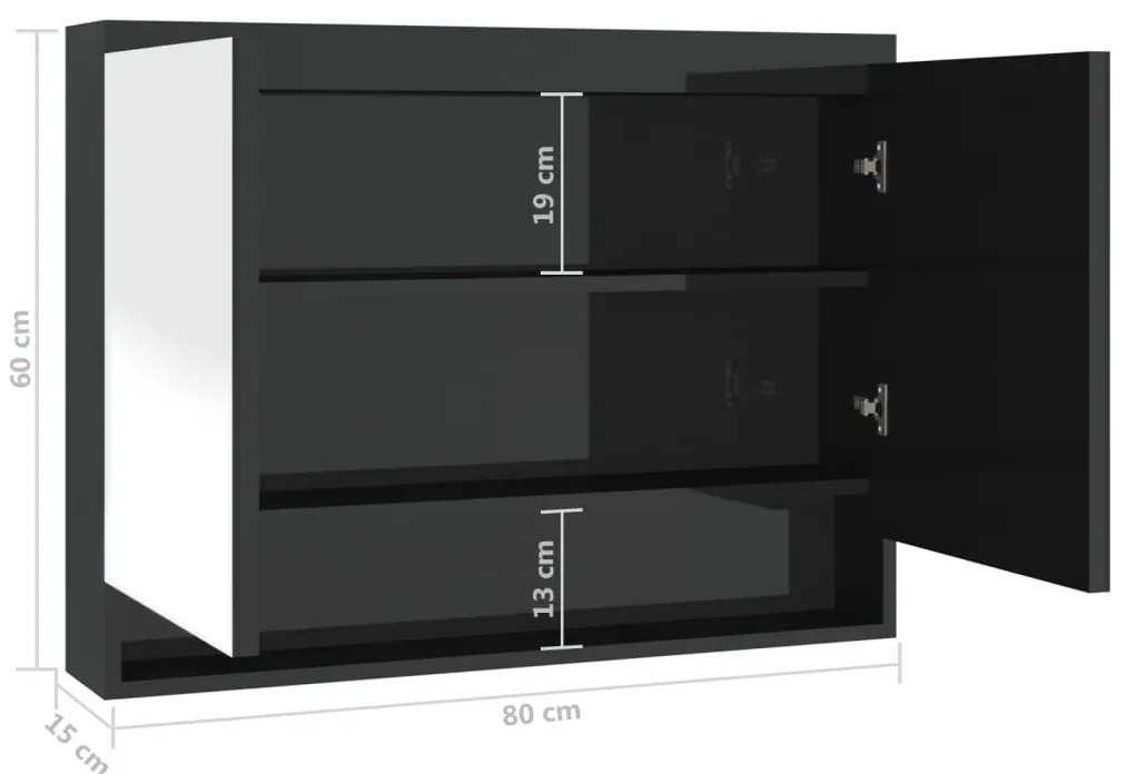fényes fekete MDF tükrös fürdőszobaszekrény 80 x 15 x 60 cm