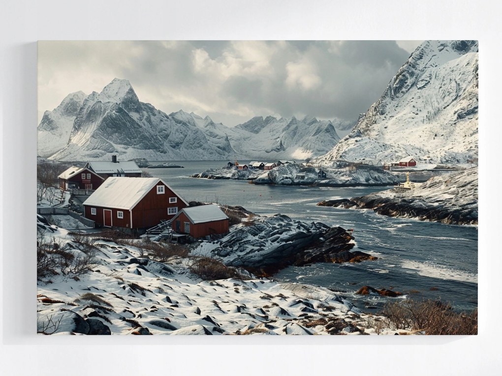 Poszter Norvégia Téli Fjord Hegyek Házak Skandinávia 60x40