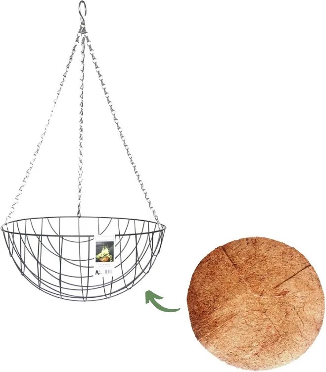 Akasztós virágkosár kókuszrost kosárbetéttel, L