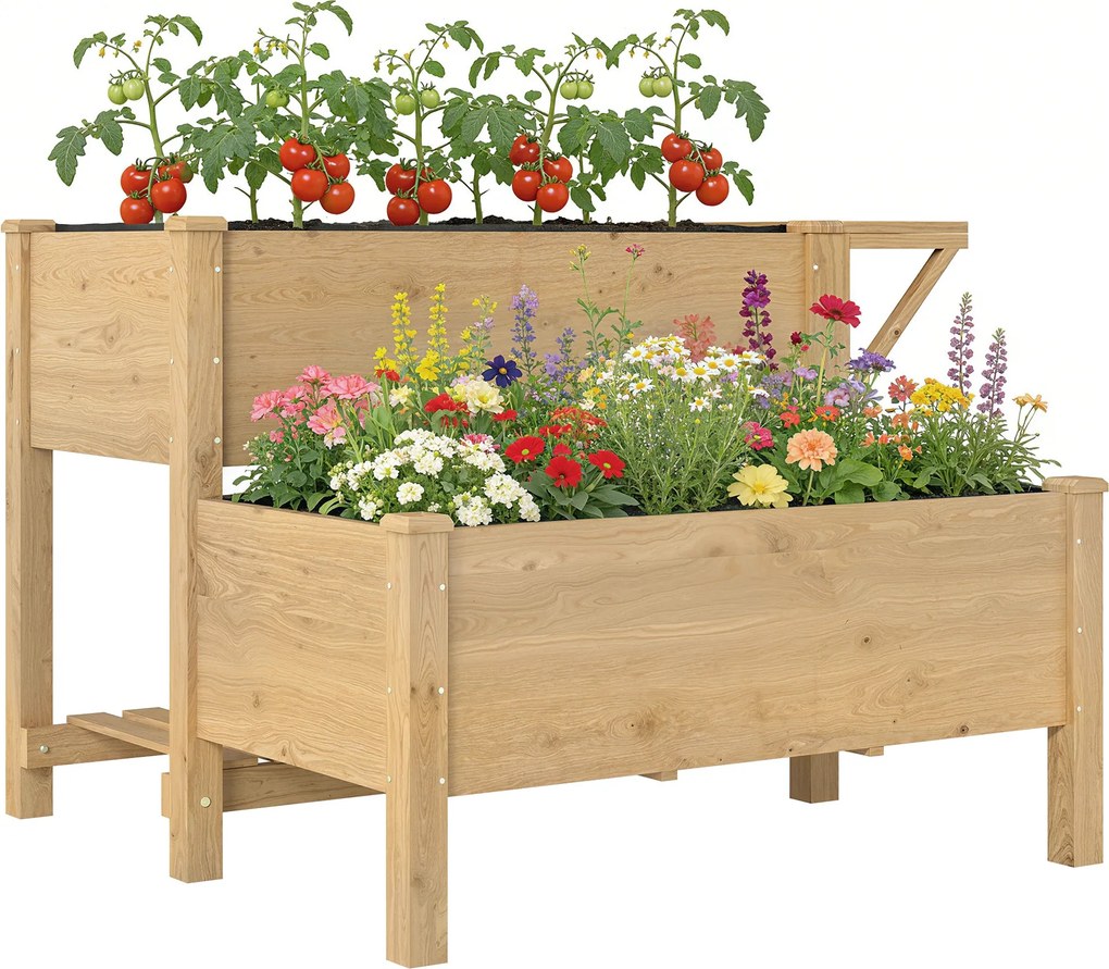 Outsunny kétszintes emelt virágláda textilbetéttel, vízelvezetéssel és oldalsó polccal, fenyő emelt ágyás kertbe és erkélyre — 119,5 × 102 × 76,5 cm —