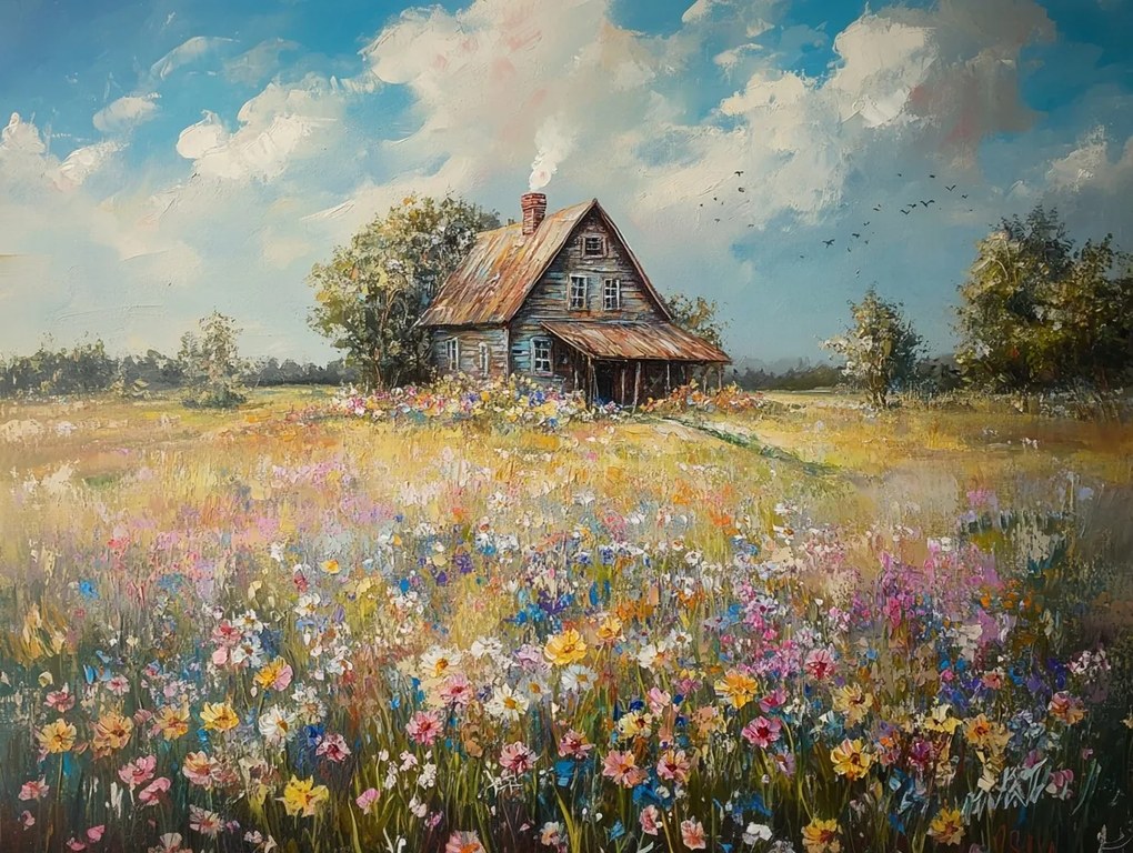 Vászonkép Canvas Tájkép Falu Ház Kunyhó Rét Virágok Tavasz 100x75