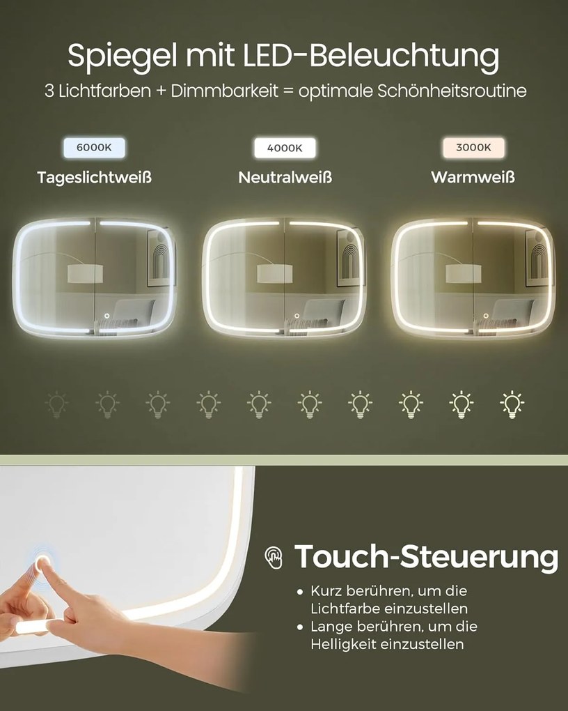 Tükörszekrény világítással, Fali szekrény, AC csatlakozóval és 2 USB porttal, fekete Outlet