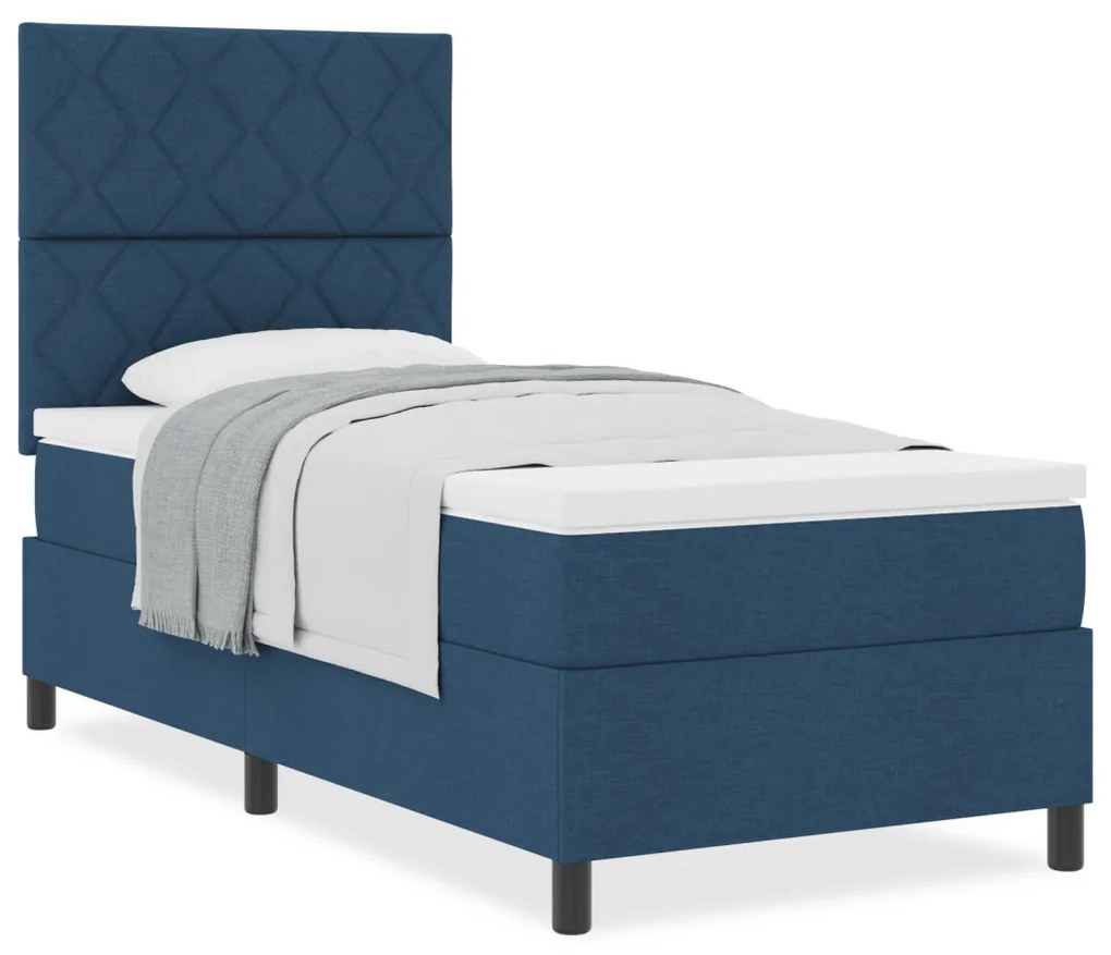 Box Spring Ágy Matrac Kék Egyszemélyes Szövet