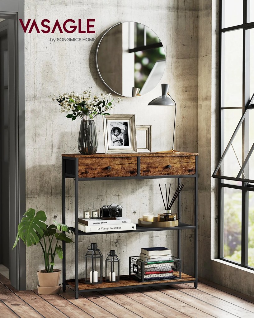 Keskeny konzolasztal 2 fiókkal, 3 szintes, rusztikus barna és fekete színben