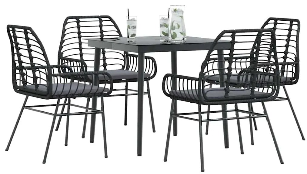 5 részes fekete polyrattan üveg kerti étkezőgarnitúra párnákkal
