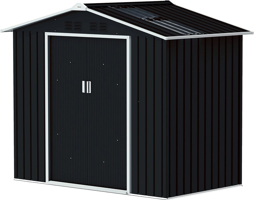 Outsunny Kertiszerszámtároló 2,42 m² Erősítő Alappal Padló Nélkül 213x130x185 cm Kültéri Kertiszerszámtároló Csúszó Ajtókkal, Tetőablakkal és 4 Ablakk