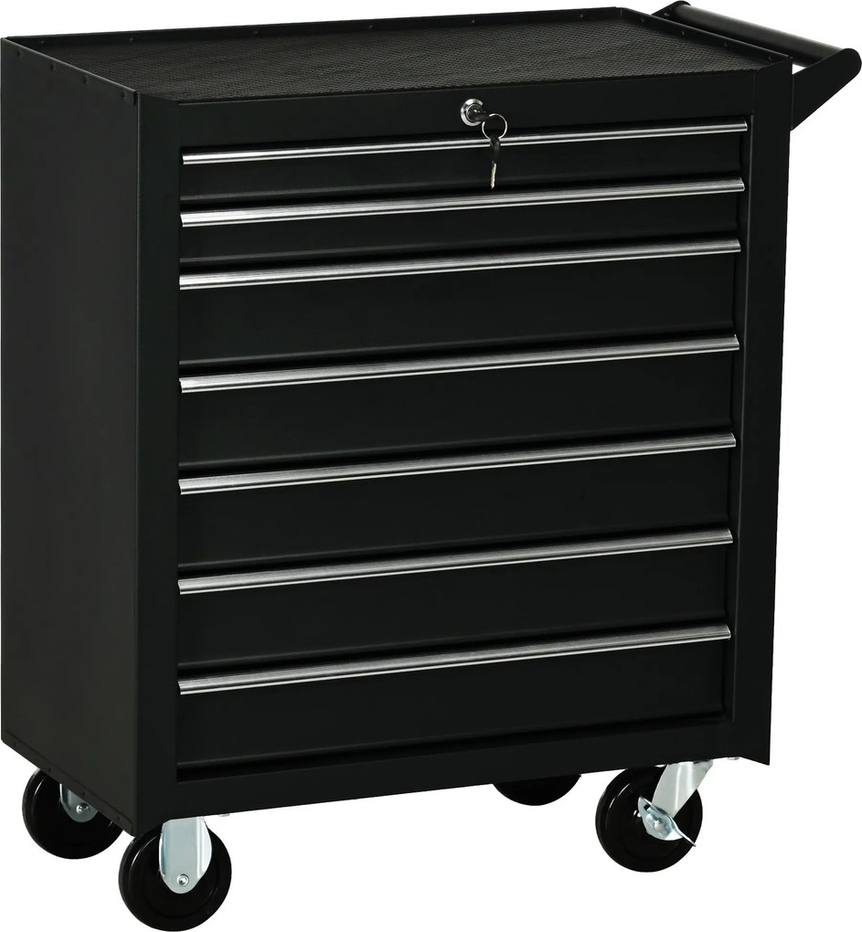 DURHAND Szerszámkocsi 7 Fiókkal, EVA Szőnyegekkel, Zárral és 2 Kulccsal, Fékezett Kerekekkel és Fogantyúval, Acélból, Fekete | Aosom