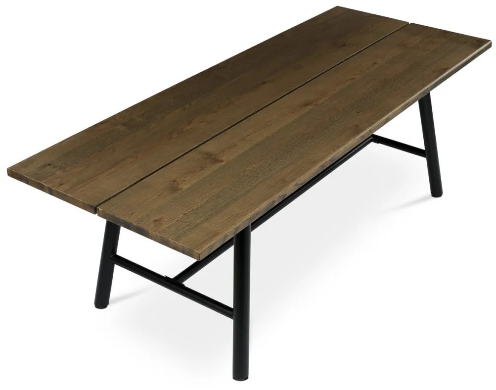 Masă de sufragerie, 220x90cm, furnir, culoare nuc, picioare din metal negru