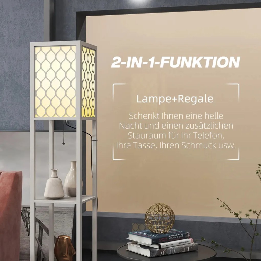 HOMCOM Állólámpa modern dizájnban, 2 polccal, láncos kapcsolóval, fekete-fehér