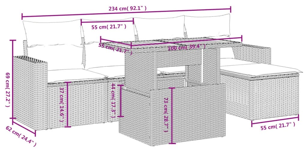 6 részes szürke polyrattan kerti ülőgarnitúra párnákkal