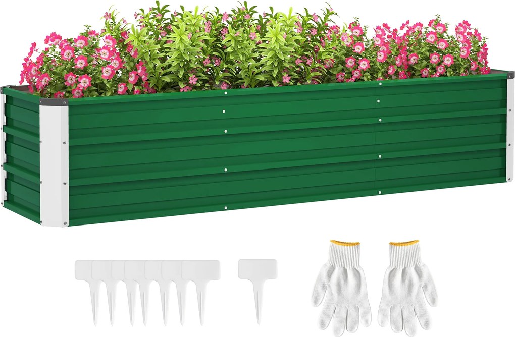 Outsunny Acél Emelt Kerti Ágyás Virágcserép Virágdoboz Kesztyűvel Zöld 183 x 47 x 40 cm | Aosom