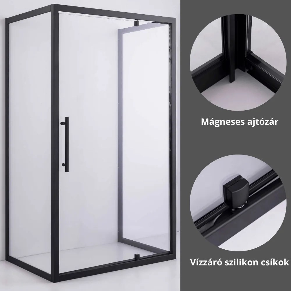 Stuxi Torino Black 90x70 falsíkra szerelhető 3 oldalú nyílóajtós zuhanykabin 6 mm vízlepergető biztonsági üveggel, fekete elemekkel, 200 cm magas