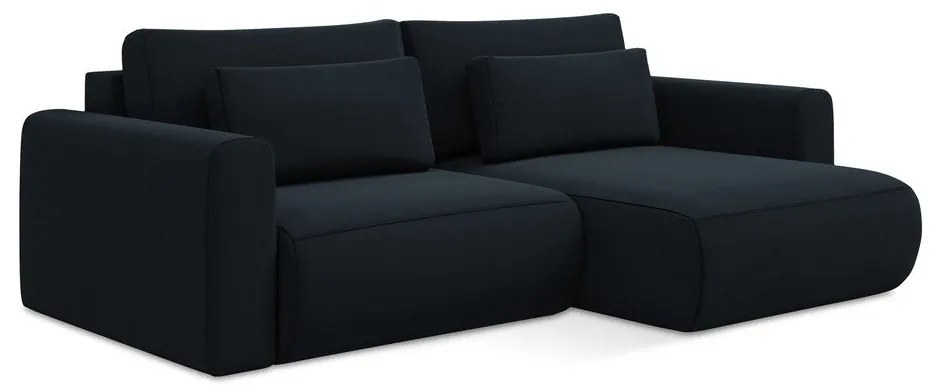 Sötétkék bársony kinyitható-tárolóhelyes sarokkanapé (jobb oldali-heverő résszel) Kapua – Makamii