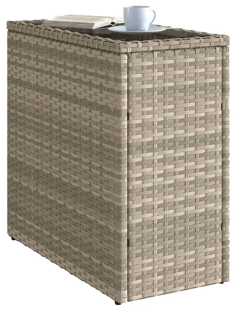 világosszürke polyrattan kerti kisasztal üveg lappal58x27,5x55cm