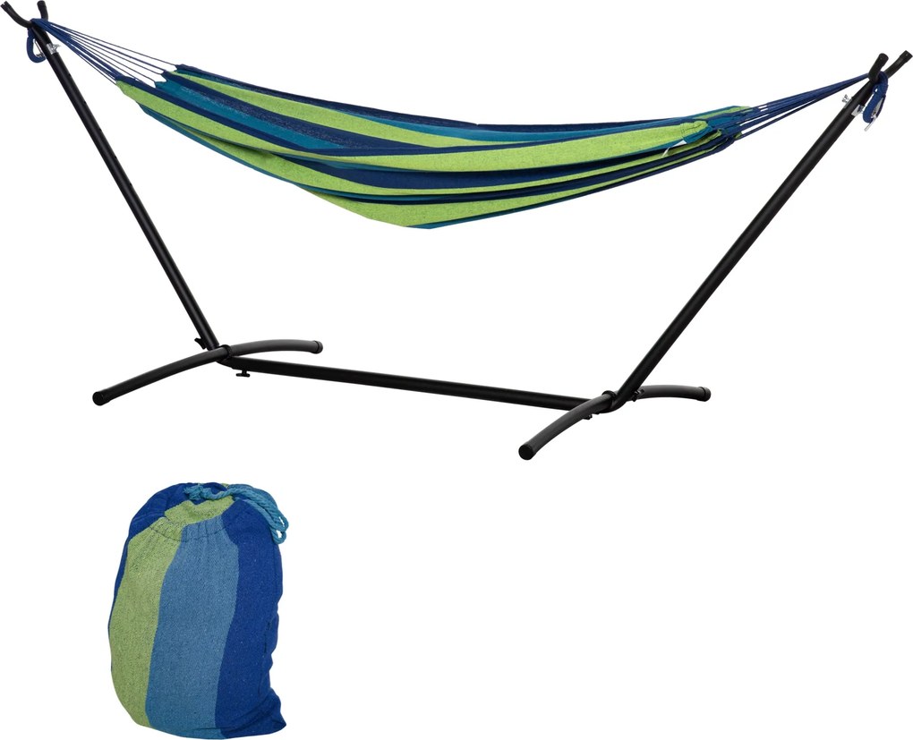 Outsunny Függőágy Állvánnyal 310x117 cm - Hordozható Kemping Függőágy Állítható Magassággal 120 kg Teherbírással Teraszra Csíkos Zöld és Kék | Aosom