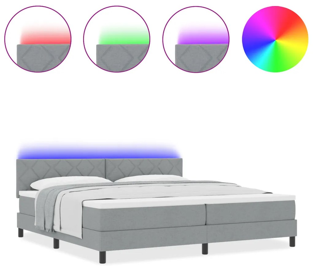 Box Spring ágy matraccal és LED világítással, világosszürke, 200x200 cm szövet