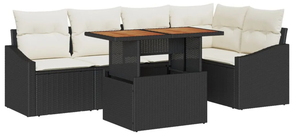 6 Darabos Kerti Étkező Szett Párnákkal Fekete Poli Rattan Acacia