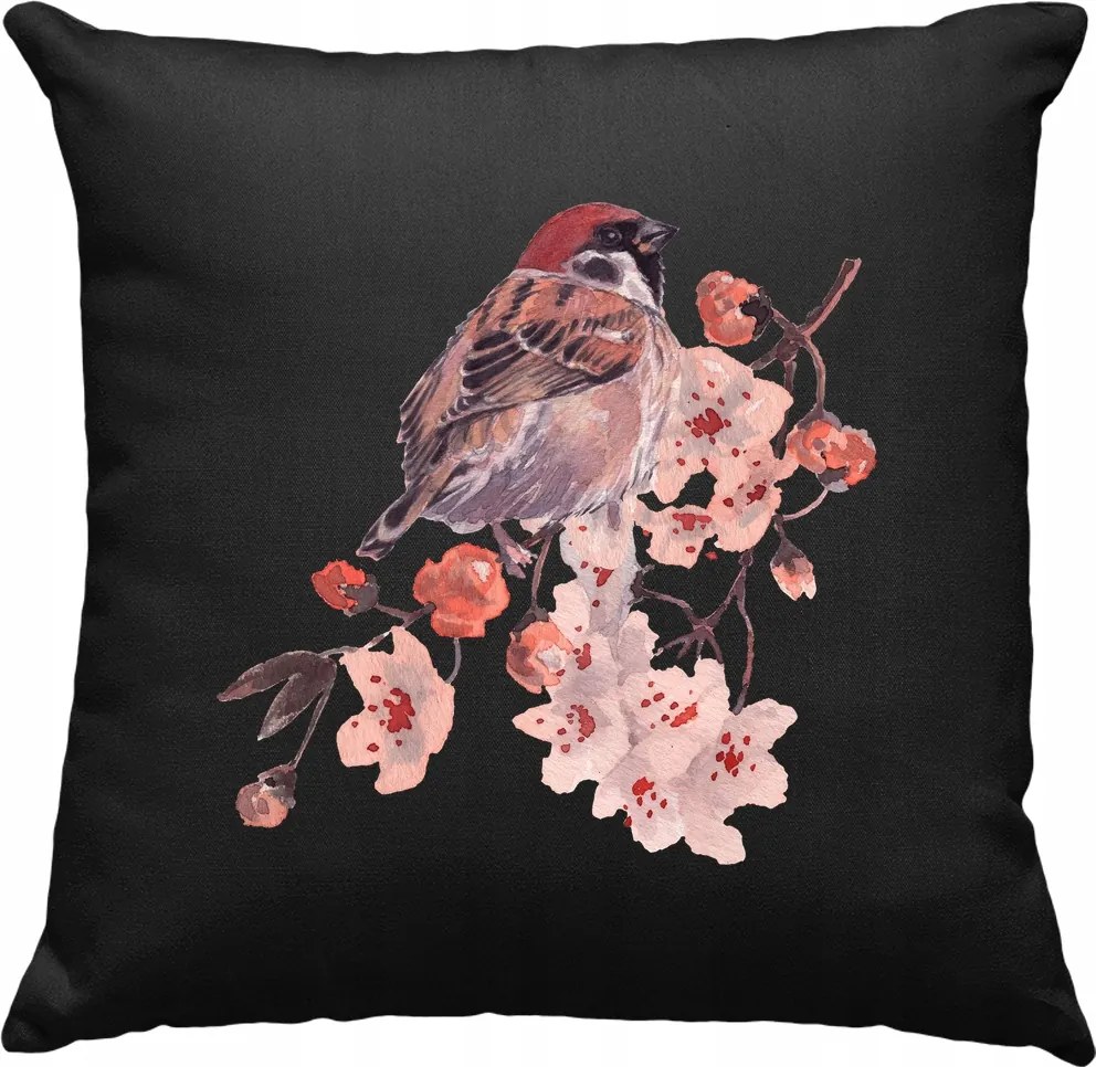 Akvarell párna Veréb virágokkal, fekete