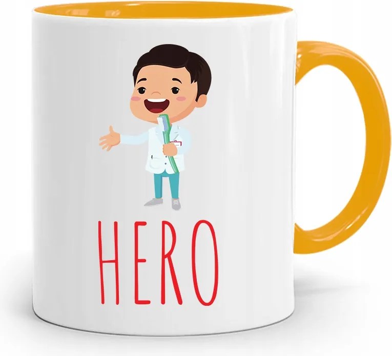 Sárga Bögre Hero Fogorvos Ajándék, fényképes nyomattal