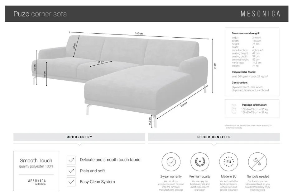 Puzo antracit szürke sarokkanapé baloldali fekvőfotellel - MESONICA