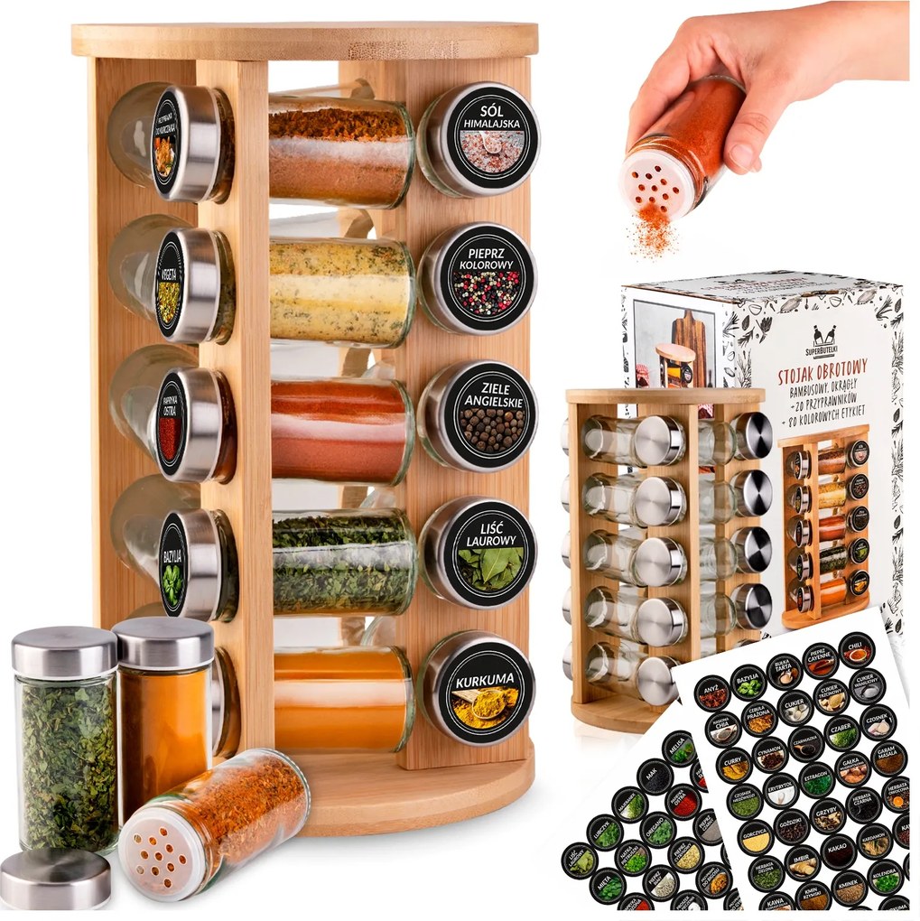 Fűszertartó Állvány 20 Tégely 80 Matrica Forgatható Bambusz