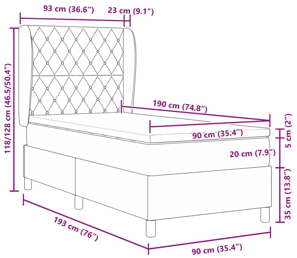 Boxspring Ágy Mattal Fekete 90x190 cm Bársonyos