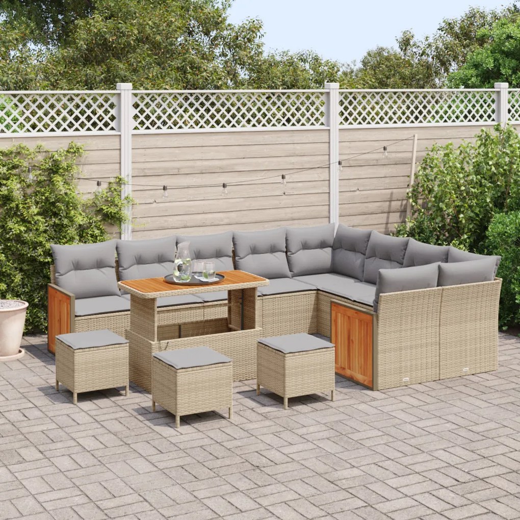 13 darabos kerti kanapé szett párnákkal bézs poly rattan akác, 4 darabos kerti étkező szett párnákkal bézs poly rattan akác