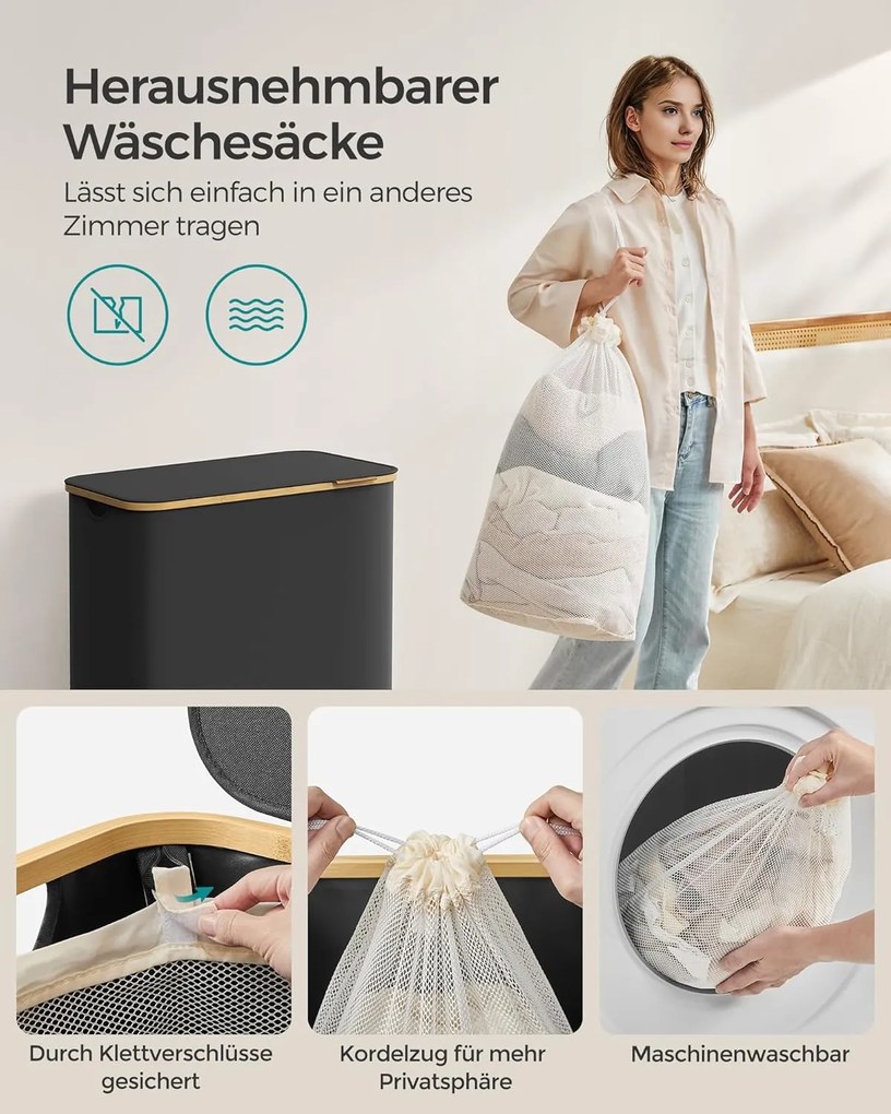 SONGMICS szennyeskosár fedéllel – 3 rekeszes ruhagyűjtő, 150 L űrtartalommal fekete színben