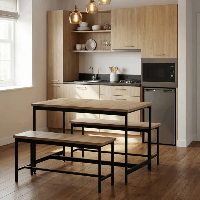 Étkezőgarnitúra 2 paddal, 110x60x75 cm méretben, MDF kivitelben, tölgy színben OAK