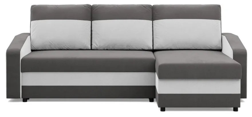 Hewlet sarokkanapé, 2 ágyneműtartóval, szövet anyag, univerzális oldal, hab töltet, szürke - fehér