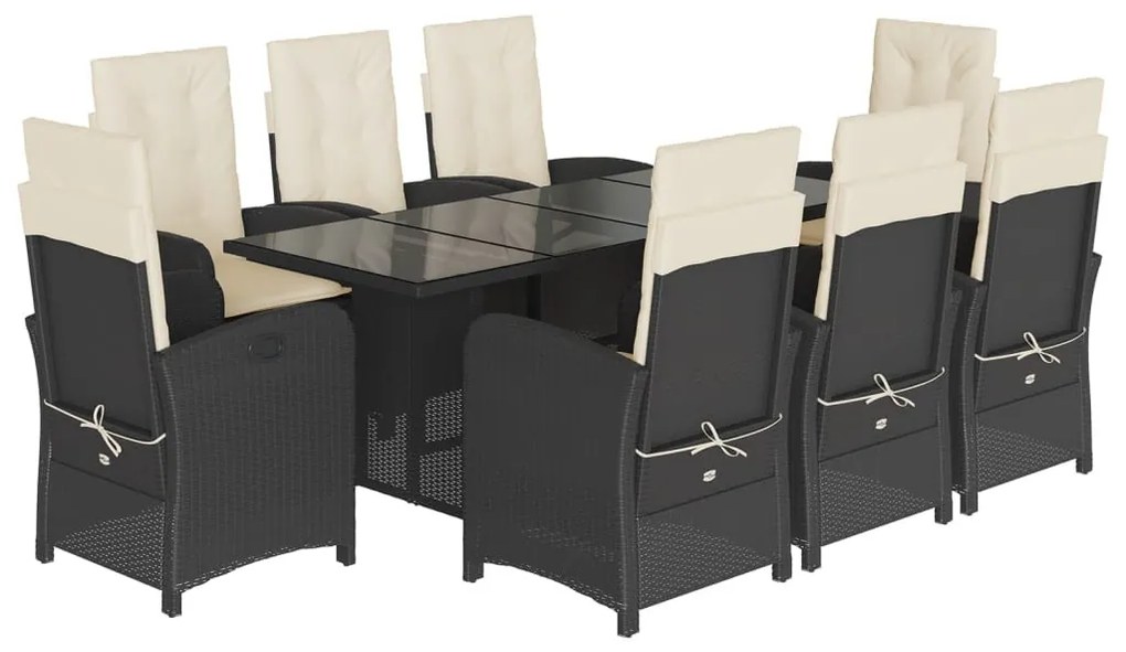 9 részes fekete polyrattan kerti étkezőgarnitúra párnákkal